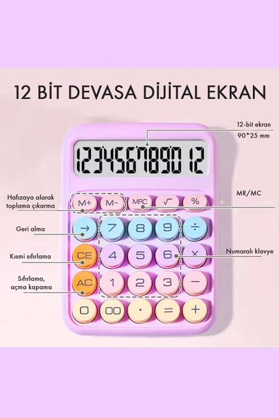 Kampus Kırtasiyem Renkli Hesap Makinesi - 12 Haneli Yuvarlak Tuşlu Pembe Renk Hesap Makinesi - 4 Fonksiyonlu - Resim 2