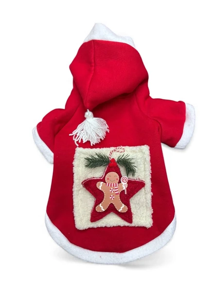 Yıldız Desenli Premium Yılbaşı Kedi Kıyafeti Yıldız Desenli Kırmızı Polar | Kapüşonlu Noel Kedi Kostümü | Kurabiye Temalı - Resim 4