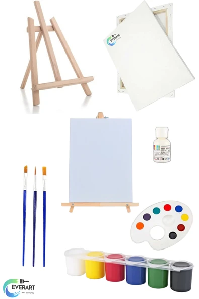 everart Resim Boya Seti - Mini Masa Şövalesi, 2 Tuval, Resim Verniği, Akrilik Boya Palet, (MASAÜSTÜ ŞÖVALYE) ürün görseli