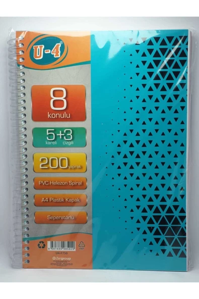 Zersan U4 5+3 Bölümlü 200 Yaprak A4 Sipralli Ayraçlı Defter 5 Kareli 3 Çizgili Çoklu Defter ürün görseli 1