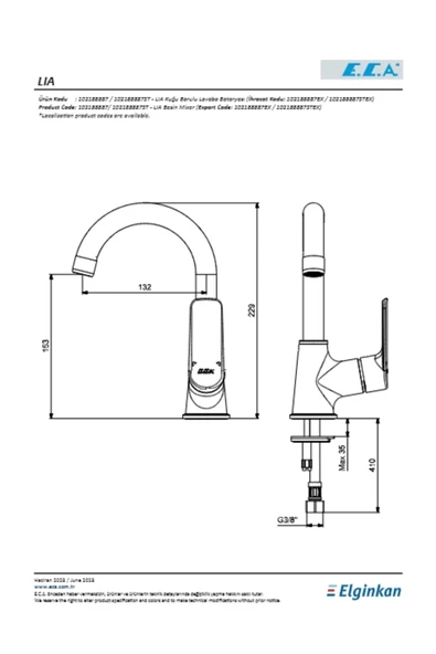 Eca Lia Lavabo Bataryası Kuğu Borulu - Resim 2