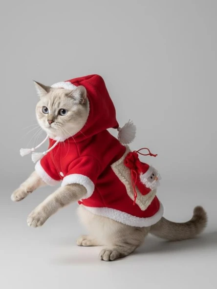 Santa's Bag Yılbaşı Kedi Kıyafeti Premium Kırmızı Polar | Kapüşonlu Noel Kedi Kostümü | Kurabiye Temalı - Resim 5