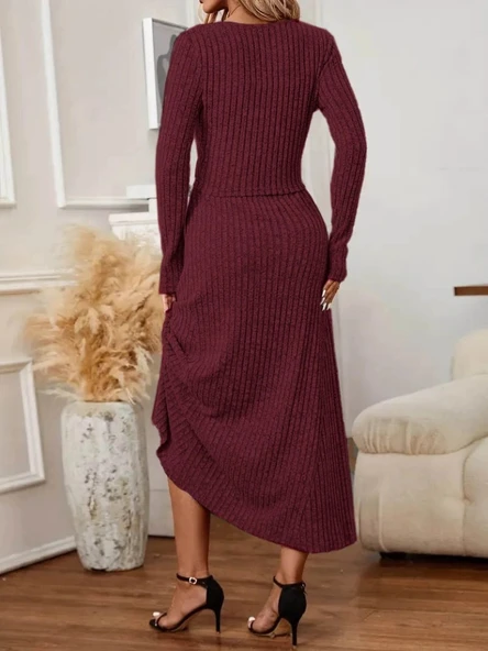 Kadın Uzun Kollu önden Düğmeli Bluz Ve Yüksek Bel A Kesim Uzun Etek şardonlu Kaşkorse Ikili Takım - Resim 3