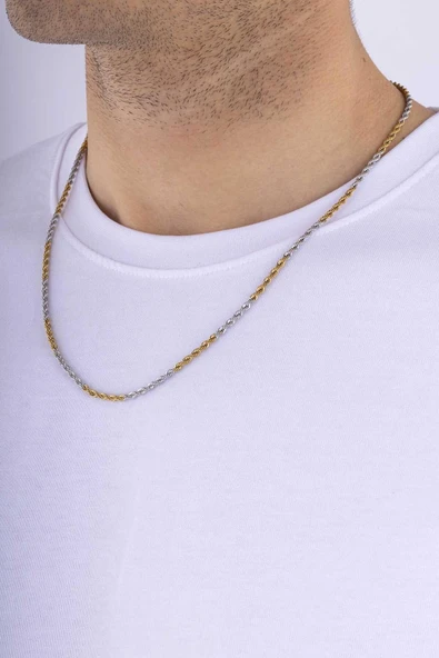 Gümüş Pazarım Burgu Model Çift Renk Altın Kaplama Erkek Çelik Zincir - Resim 2