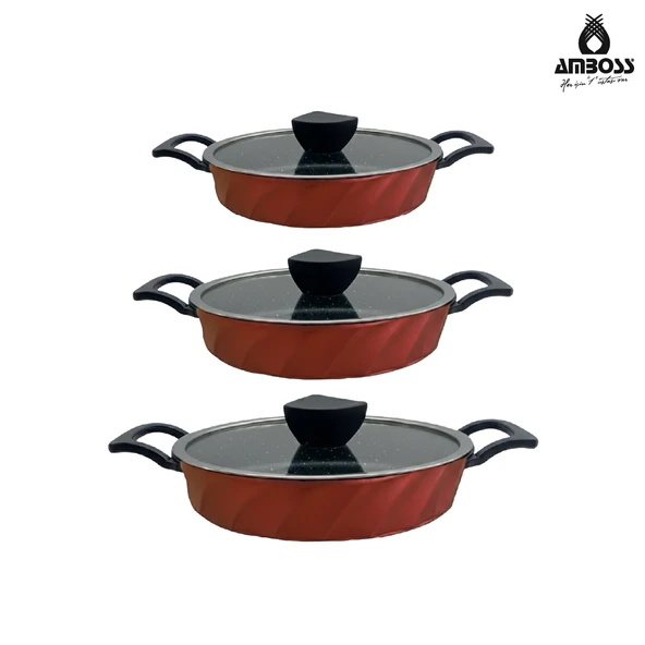 Vento 6 Parça Cam Kapaklı Döküm Sahan Omlet Seti (Kırmızı) - Resim 4