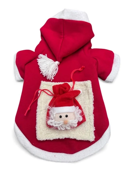 Santa's Bag Yılbaşı Köpek Kıyafeti Premium Kırmızı Polar | Kapüşonlu Noel Köpek Kostümü | Küçük Irklar İçin - Resim 5
