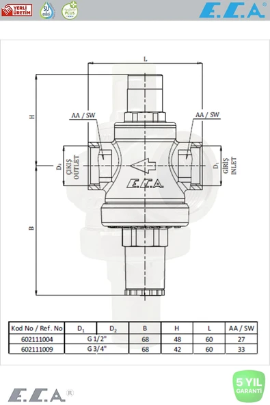 Eca E.C.A 1/2" Basınç Düşürücü Valf Pistonlu 602111004 - Resim 5