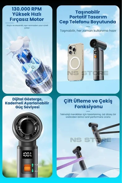 NS Store F1 Turbo Jet Fan – 130.000 RPM Ultra Güçlü Motor, 4000mAh Batarya, Vakum + Üfleme 2’si 1 Arada - Resim 6