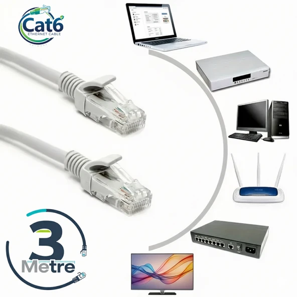 GABBLE CAT6 Yüksek Hızlı Ethernet Kablosu | Gigabit İnternet Ağ Kablosu | Tak Kullan | 3 Metre ürün görseli