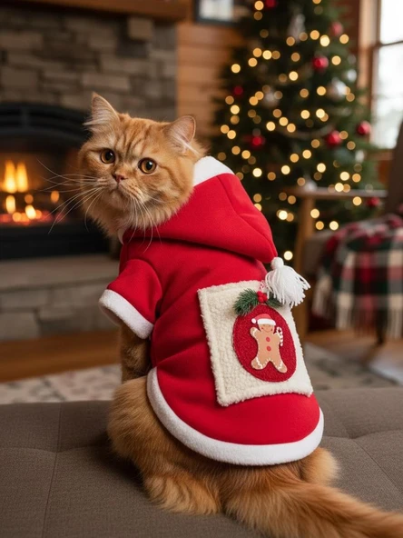 Kartopu Yılbaşı Kedi Kıyafeti Premium Kırmızı Polar | Kapüşonlu Noel Kedi Kostümü | Kurabiye Temalı - Resim 2