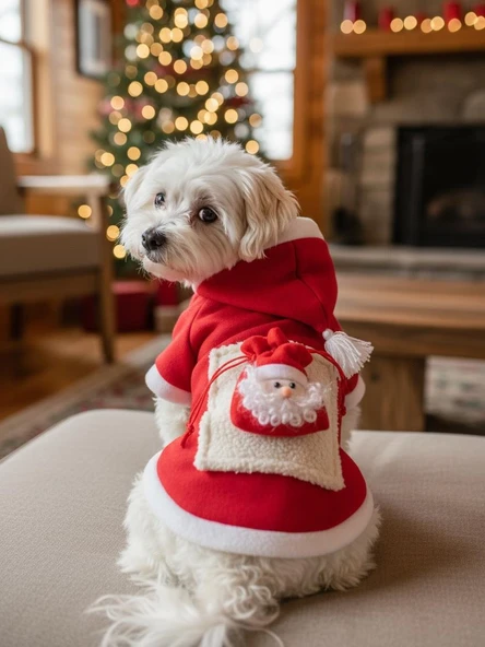 Santa's Bag Yılbaşı Köpek Kıyafeti Premium Kırmızı Polar | Kapüşonlu Noel Köpek Kostümü | Küçük Irklar İçin - Resim 9