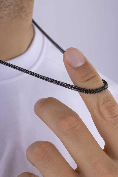 Gümüş Pazarım Siyah Renk Köşeli Kare Kesim Erkek Çelik Zincir - Resim 3