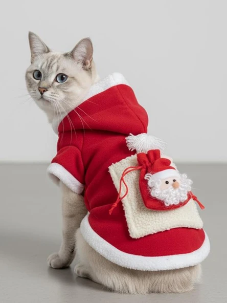 Santa's Bag Yılbaşı Kedi Kıyafeti Premium Kırmızı Polar | Kapüşonlu Noel Kedi Kostümü | Kurabiye Temalı - Resim 6