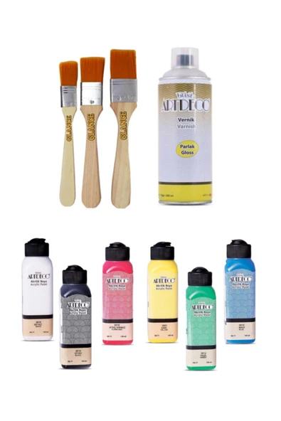 Kampüs Kırtasiyem Artdeco 140 Ml 6 Renk Akrilik Boya+3'lü Zemin Fırça+400ml Parlak Sprey Vernik Ahşap Boyama Set ürün görseli 1