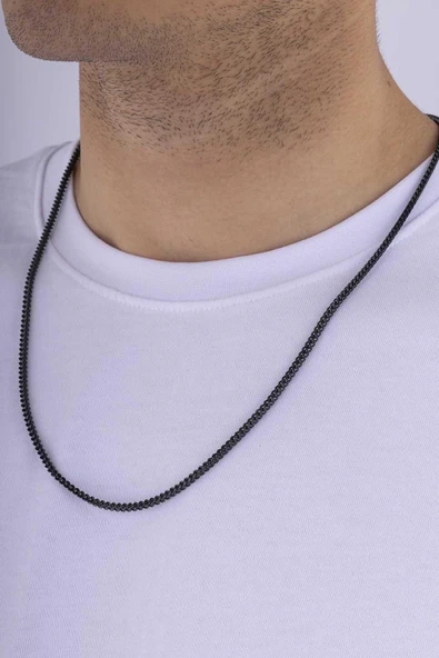 Gümüş Pazarım Siyah Renk Köşeli Kare Kesim Erkek Çelik Zincir - Resim 2