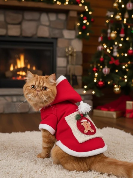 Kartopu Yılbaşı Kedi Kıyafeti Premium Kırmızı Polar | Kapüşonlu Noel Kedi Kostümü | Kurabiye Temalı - Resim 9