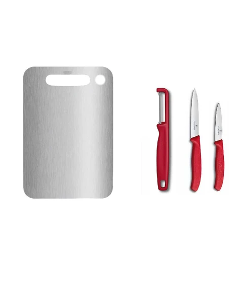 Çelik Kesme Tahstası ve Victorinox Kırmızı Düz Soyma Bıçağı 8 CM - 10 CM ve Domates Sebze Soyacağı 3lü Set ürün görseli