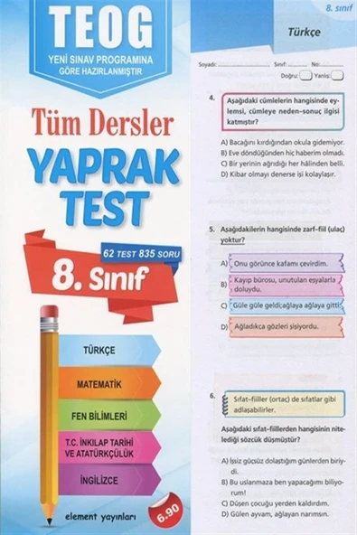 Element Yayınları 8. Sınıf Teog Tüm Dersler Yaprak Test 62 Test, 835 Soru ürün görseli 1