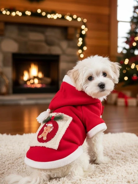 Kartopu Yılbaşı Köpek Kıyafeti Premium Kırmızı Polar | Kapüşonlu Noel Köpek Kostümü | Küçük Irklar İçin - Resim 8