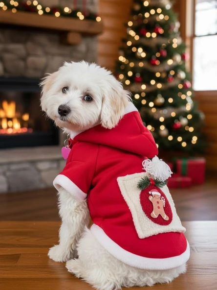 Kartopu Yılbaşı Köpek Kıyafeti Premium Kırmızı Polar | Kapüşonlu Noel Köpek Kostümü | Küçük Irklar İçin - Resim 2