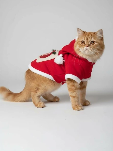 Kartopu Yılbaşı Kedi Kıyafeti Premium Kırmızı Polar | Kapüşonlu Noel Kedi Kostümü | Kurabiye Temalı - Resim 4