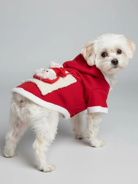 Santa's Bag Yılbaşı Köpek Kıyafeti Premium Kırmızı Polar | Kapüşonlu Noel Köpek Kostümü | Küçük Irklar İçin - Resim 8