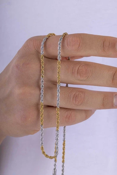 Gümüş Pazarım Burgu Model Çift Renk Altın Kaplama Erkek Çelik Zincir - Resim 3