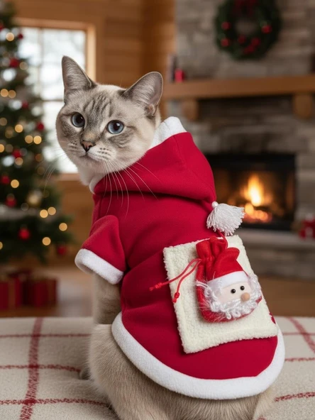 Santa's Bag Yılbaşı Kedi Kıyafeti Premium Kırmızı Polar | Kapüşonlu Noel Kedi Kostümü | Kurabiye Temalı ürün görseli 1