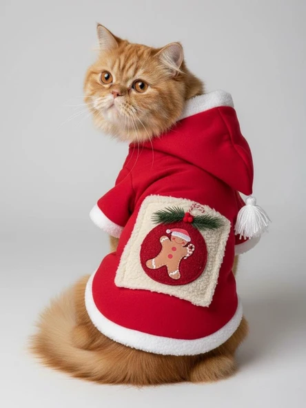 Kartopu Yılbaşı Kedi Kıyafeti Premium Kırmızı Polar | Kapüşonlu Noel Kedi Kostümü | Kurabiye Temalı ürün görseli 1