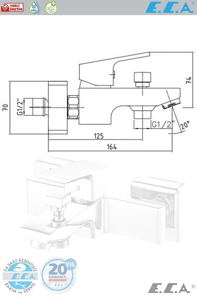 Eca E.c.a Tiera Banyo Duş Bataryası Krom Banyo Bataryası 102102469 ( 20 Yıl Garantili ) - Resim 4