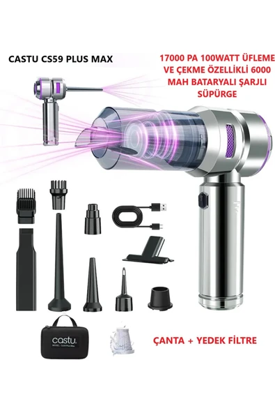 HOTSY Kablosuz Araç İçi Süpürge Mor | 17000PA Güçlü Vakum | Fırçasız Motor | Üfleme & Vakum ürün görseli