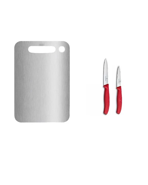 Çelik Kesim Panosu ve Victorinox Kırmızı Düz Soyma Bıçağı 2'li 8 CM ve 10 CM ürün görseli