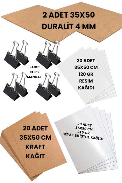 Kampus Kırtasiyem 35X50 CM DURALİT ÇİZİM KAĞITLARI SETİ KRAFT BRİSTOL RESİM KAĞIDI KLİPS ürün görseli 1