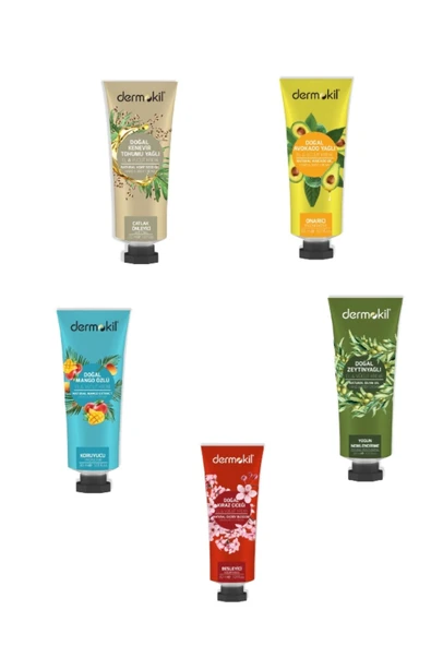 Dermokil 5'li set Kenevir Tohumu+Mango+Kiraz+Avakado+Zeytinyağlı Yağlı El ve Vücut Kremi 30 ml ürün görseli