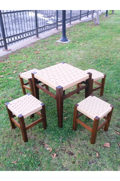 ARMES EV CONCEPT Örmeli Hasır Tabure ve Masa Takımı | 1 Masa - 4 Tabure ürün görseli