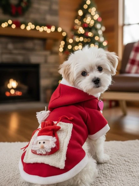 Santa's Bag Yılbaşı Köpek Kıyafeti Premium Kırmızı Polar | Kapüşonlu Noel Köpek Kostümü | Küçük Irklar İçin ürün görseli