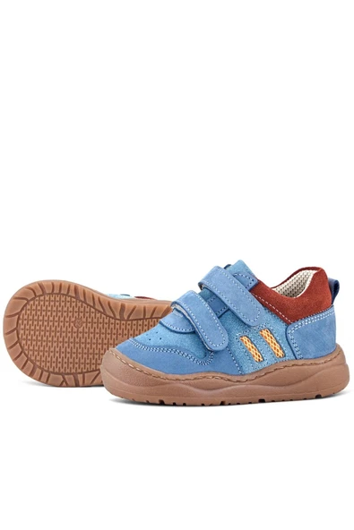 Rakerplus Schaggy Hakiki Deri Mavi Bordo Cırtlı Bebek Spor Ayakkabı - Resim 7