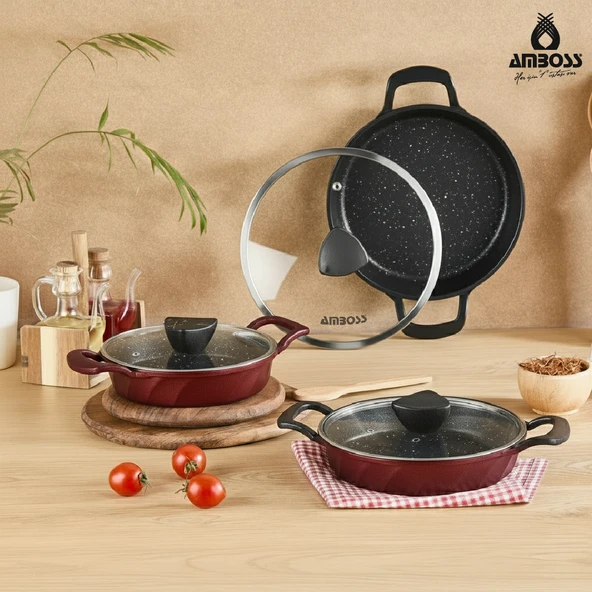 Vento 6 Parça Cam Kapaklı Döküm Sahan Omlet Seti (Kırmızı) ürün görseli 1