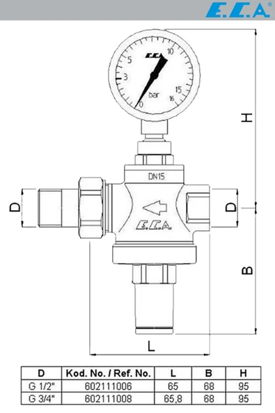 Eca 3/4 Manometreli Rakorsuz Basınç Düşürücü Regülatörü 602111010 - Resim 2
