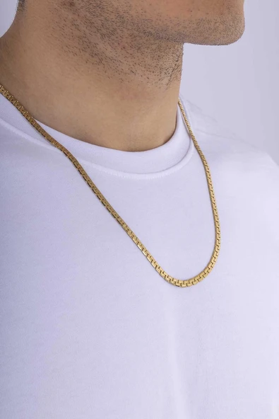 Gümüş Pazarım Altın Kaplama Çelik Kare Yassı Erkek Zincir - Resim 2