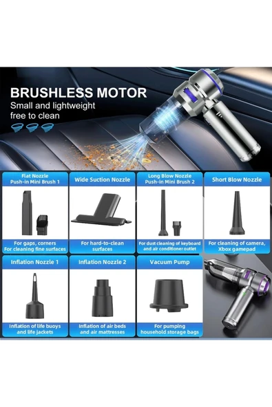 HOTSY Kablosuz Araç İçi Süpürge Mor | 17000PA Güçlü Vakum | Fırçasız Motor | Üfleme & Vakum - Resim 8