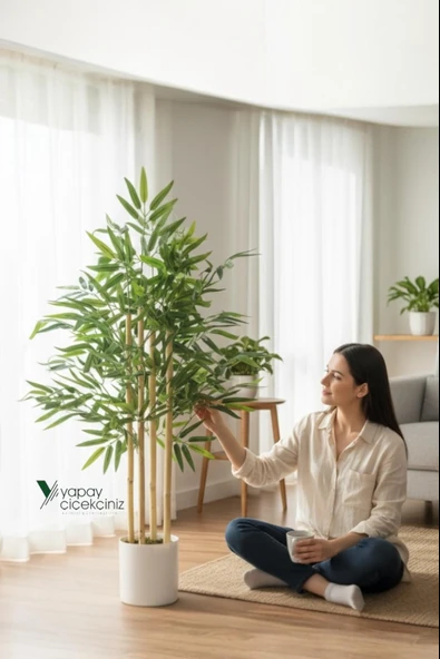 Beyaz Renkli Saksıda 100 cm 4 Gövde Yoğun Yaprak Yapay Bambu Ağacı ürün görseli 1