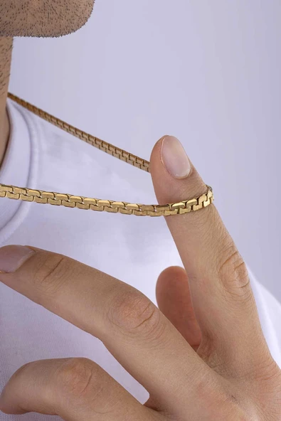 Gümüş Pazarım Altın Kaplama Çelik Kare Yassı Erkek Zincir - Resim 4