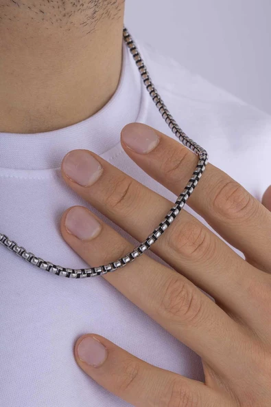 Gümüş Pazarım Geçmeli Kare Çelik Erkek Zincir Kolye - Resim 3