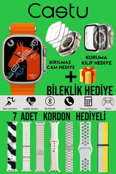 LENSUN 49mm Ultra Akıllı Saat +7 Kordon+ Kırılmaz Cam +Kılıf Ve Bileklik Hediyeli Oyunlu ve Türkçe Özel Set ürün görseli