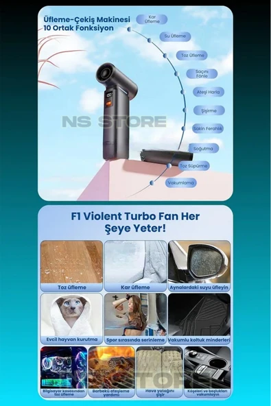 NS Store F1 Turbo Jet Fan – 130.000 RPM Ultra Güçlü Motor, 4000mAh Batarya, Vakum + Üfleme 2’si 1 Arada - Resim 4