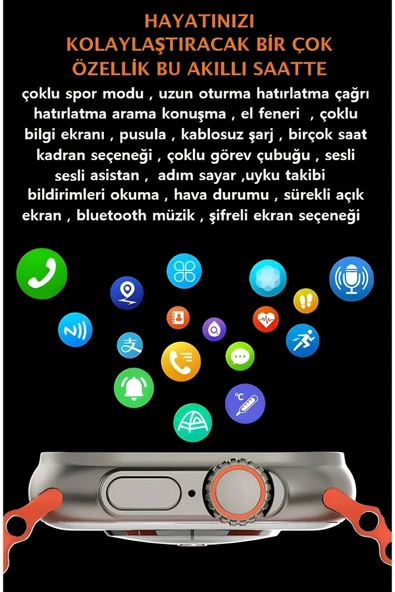 LENSUN 49mm Ultra Akıllı Saat +7 Kordon+ Kırılmaz Cam +Kılıf Ve Bileklik Hediyeli Oyunlu ve Türkçe Özel Set - Resim 4