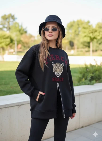 Fermuarlı Leopar Baskılı Oversize Siyah Sweat - Resim 4