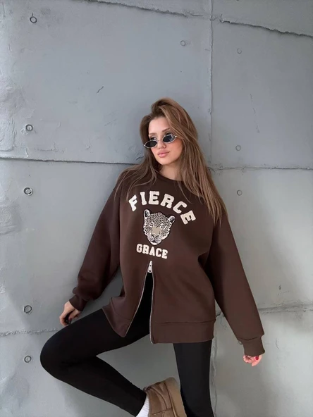 Fermuarlı Leopar Baskılı Oversize Siyah Sweat - Resim 10