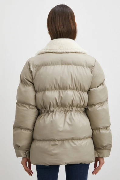 Kürk Yakalı Şişme Mont Bej - Resim 6